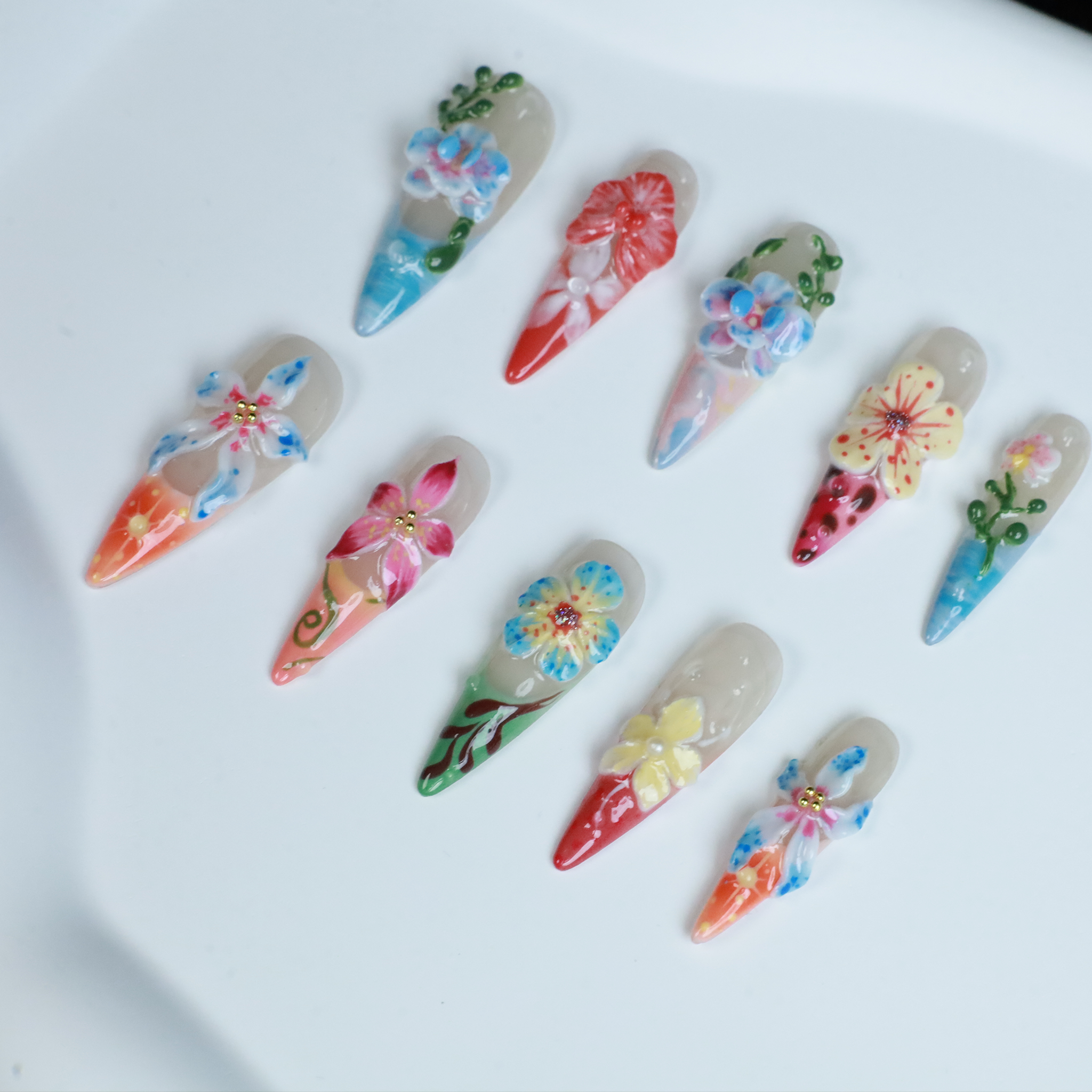 Floral Paradise Custom Press On Nails | 3D Flower | Medium Stiletto | Handmade Nails,Reusable, Fake Nails,Gel Nails