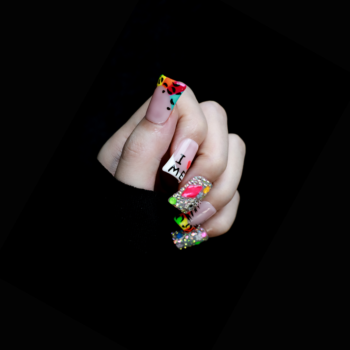 Bold Neon Glam Short Duck Press-On Nails | Rhinestone & Animal Print Nail Art | Funky Confidence Handmade Nail | Gel Nails, Glue on Nail