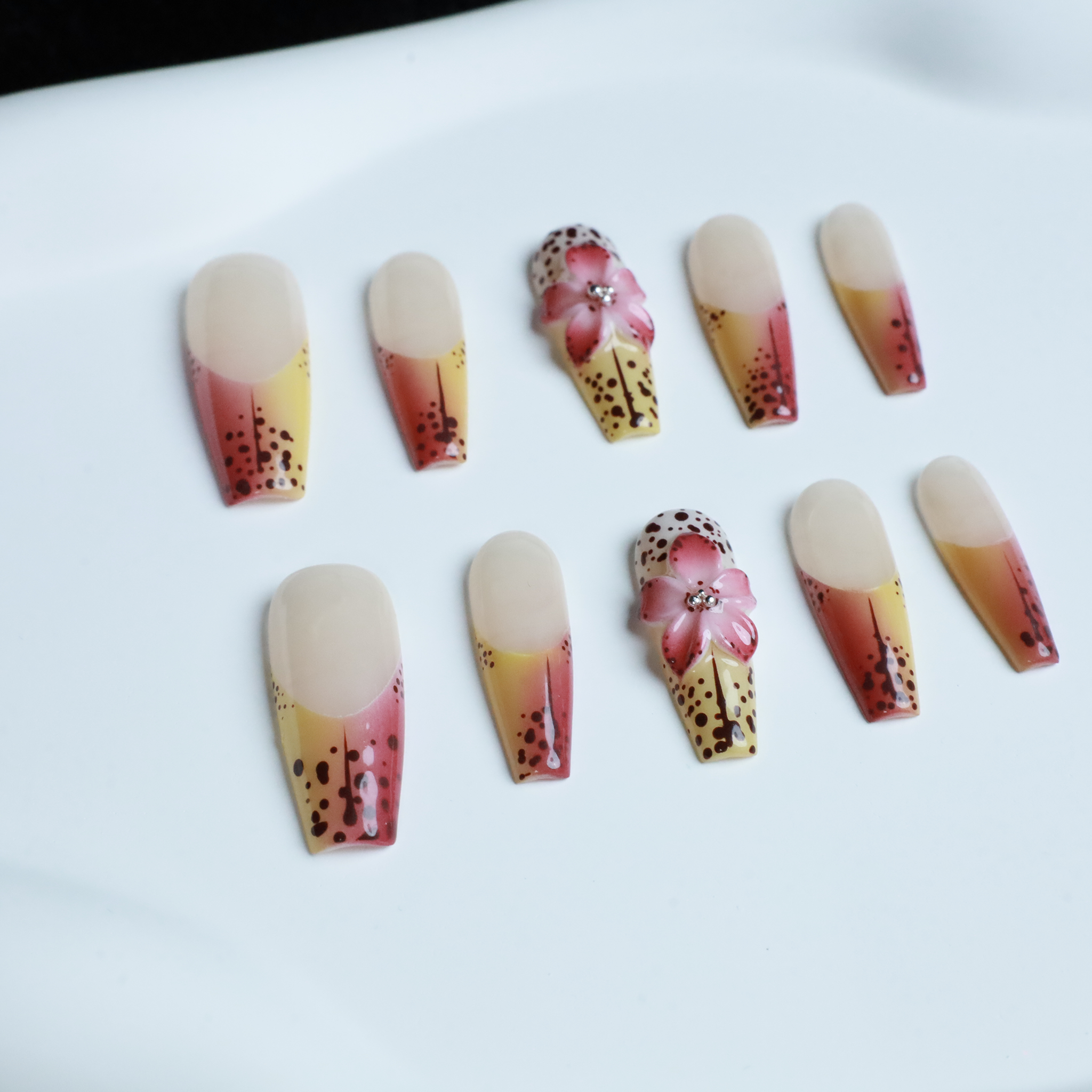 Sunset Bloom Custom Press On Nails | 3D Flower Fuchsia  Nails | Medium Trapezoid Nail | Handmade Nails, Reusable nails, Fake Nails,Gel Nails