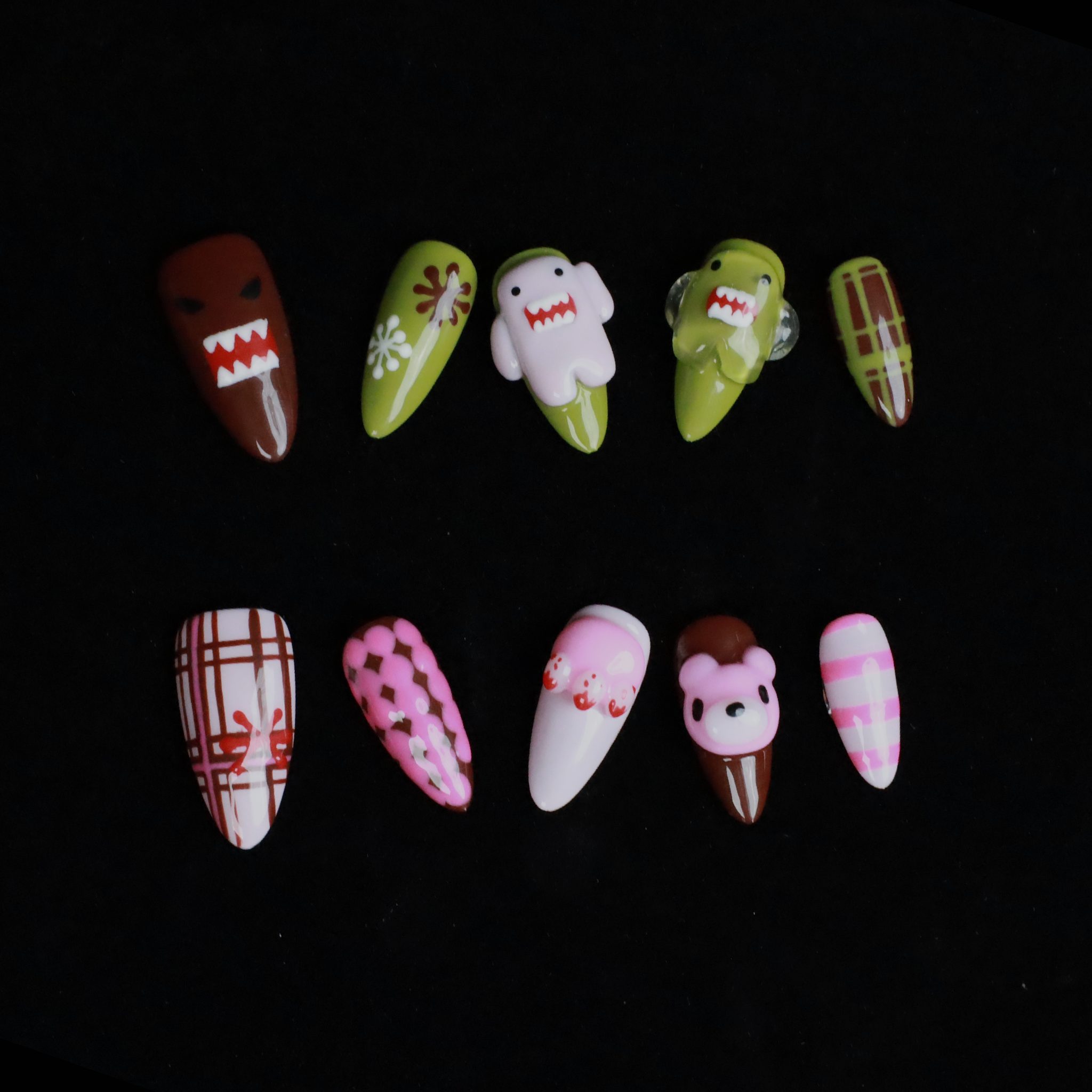 Playful Monster Custom Press On Nails | 3D Pink and Green Handcrafted Nail | Cute Bear Short Stiletto Fake Nails | Party and Casual Gel Nail