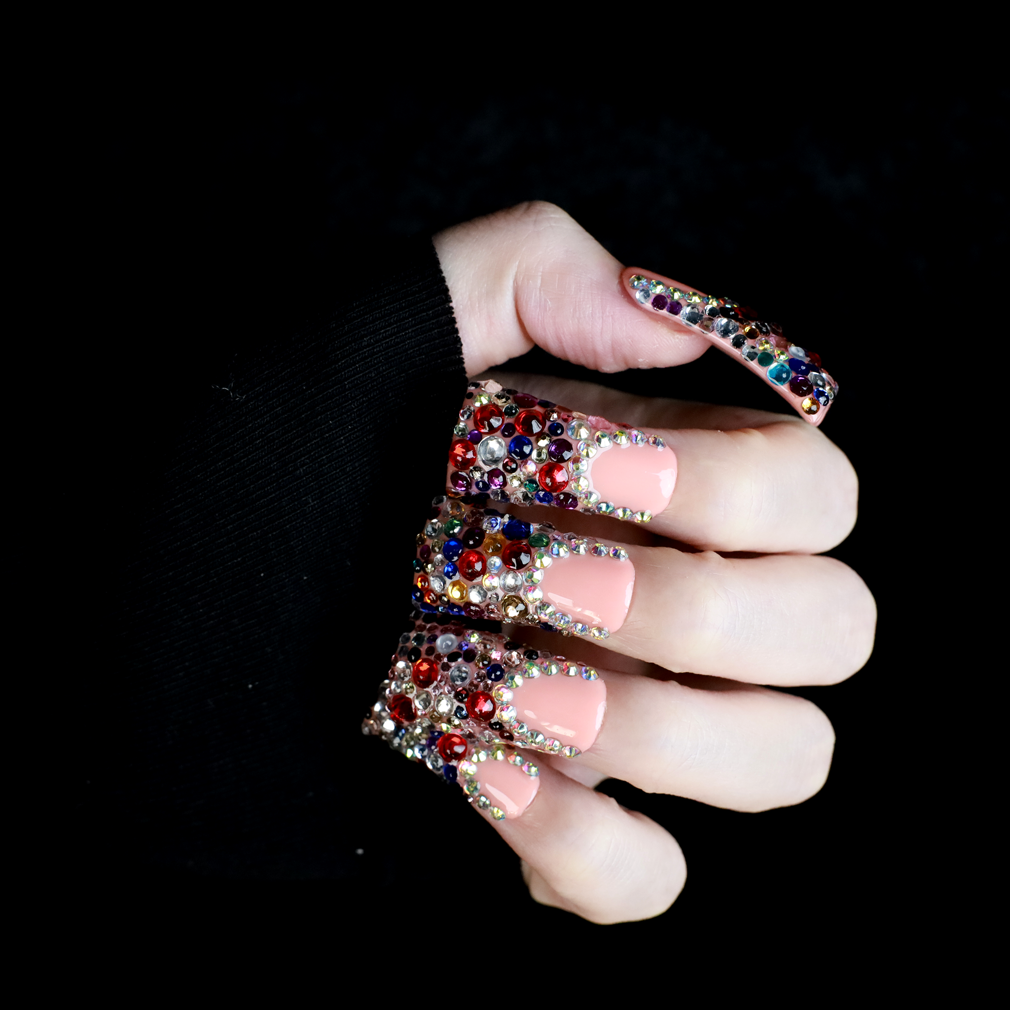 Dazzling Long Duck Press-On Nails with Multicolor Rhinestone, 3D Trendy Handmade Nail, Gel Nails, Glue on Nail