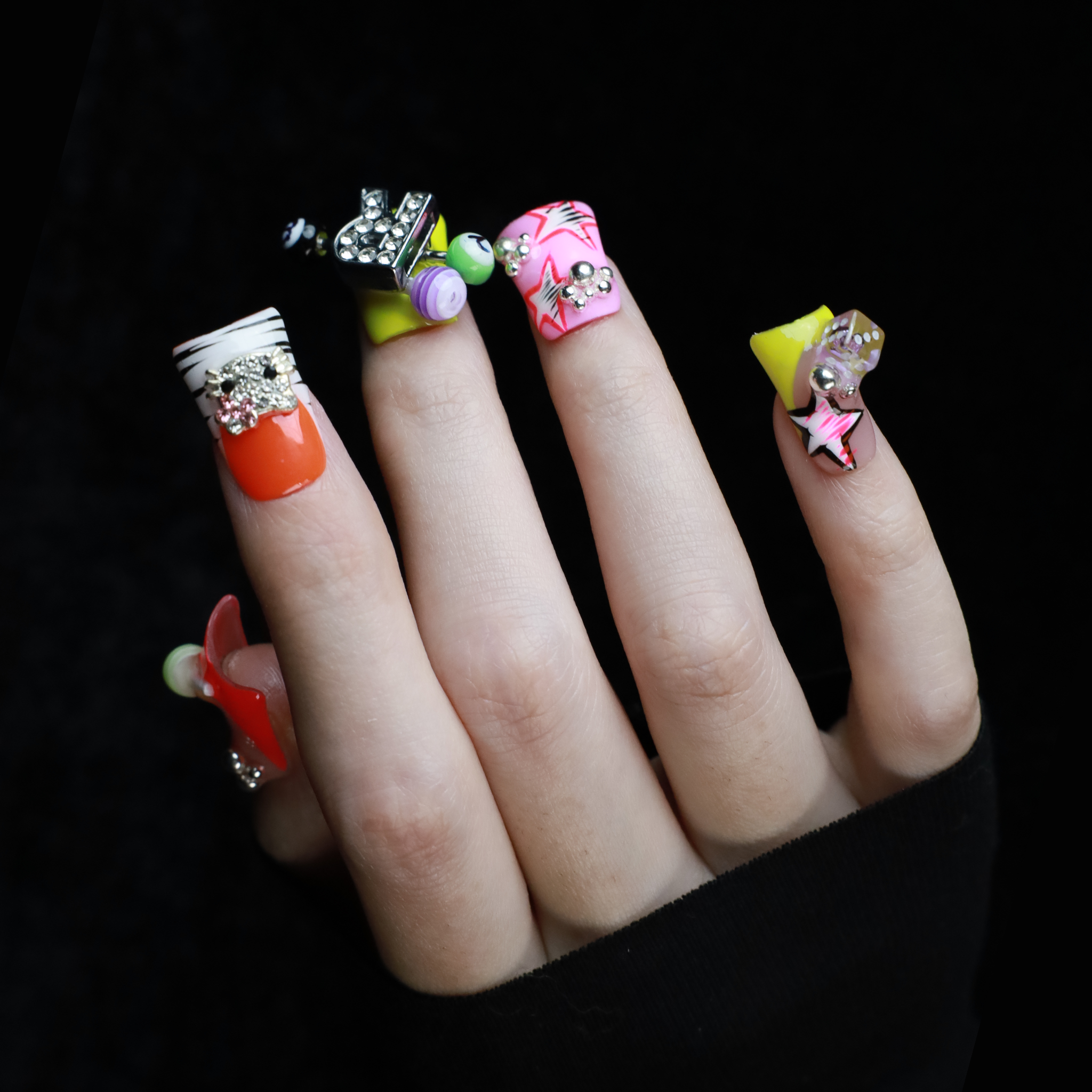 Neon Pop Star Short Duck Press-On Nails, Funky 3D Handmade Gel Nails with Rhinestone, Dice & Stars,  Glue on Nail