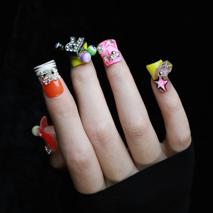 Neon Pop Star Short Duck Press-On Nails, Funky 3D Handmade Gel Nails with Rhinestone, Dice & Stars,  Glue on Nail