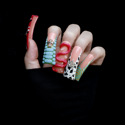 Avant-Garde 3D Extra Long Duck Press-On Nails with Rhinestones, Eclectic Patterns & Vivid Textures,  Handmade Nail, Gel Nails, Glue on Nail