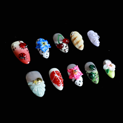 Garden Blooms Custom Press On Nails | 3D Flower, Cherry, Ladybug nails |Medium Almond|High-Quality, Handmade Nails, Reusable,Fake Nails