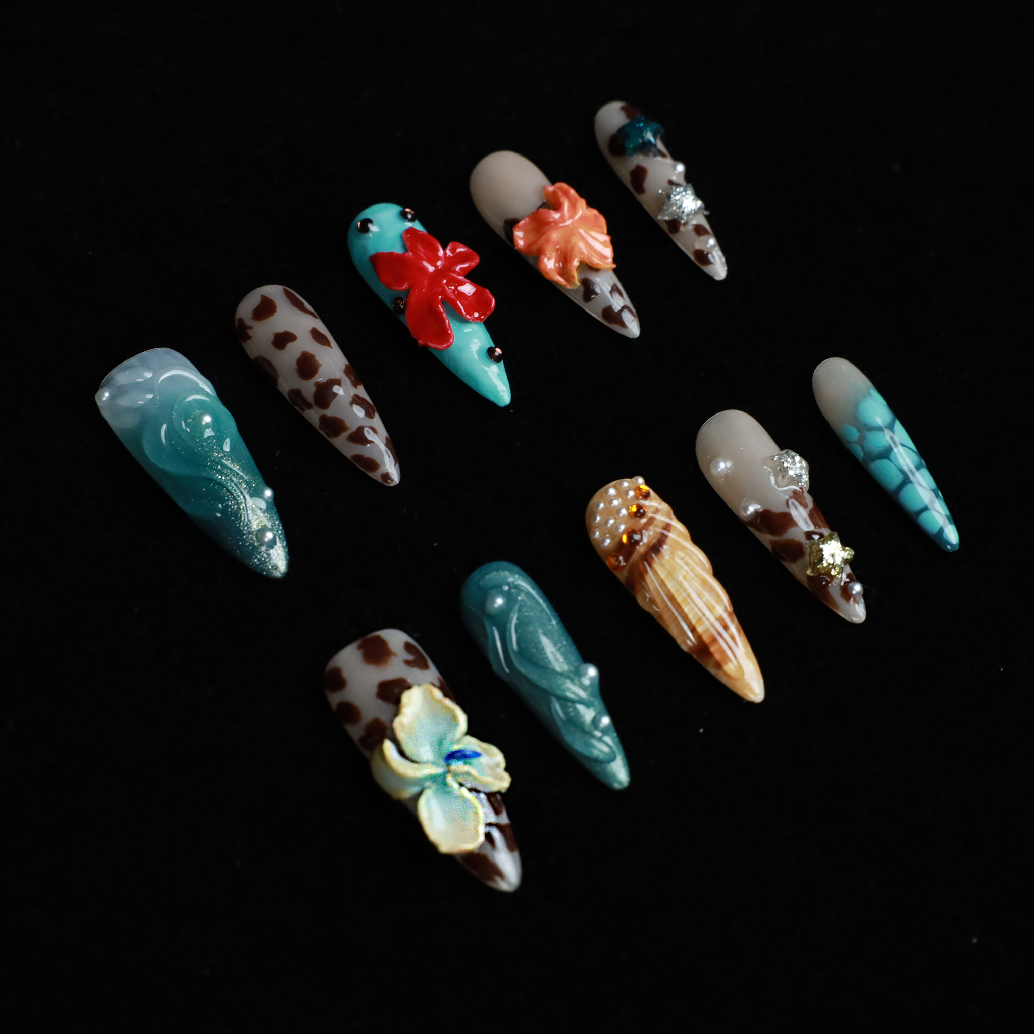 Wild Coastal Charm Custom Press On Nails | 3D Flower, Animal Pattern | Medium Stiletto | Handmade Nails,Reusable, Fake Nails,Gel Nails