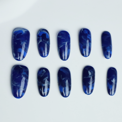 Elegant Blue Marble Press On Nails with white Swirls, Luxury Handmade Medium Oval Fake Nails, Reusable nails, Gel Nails