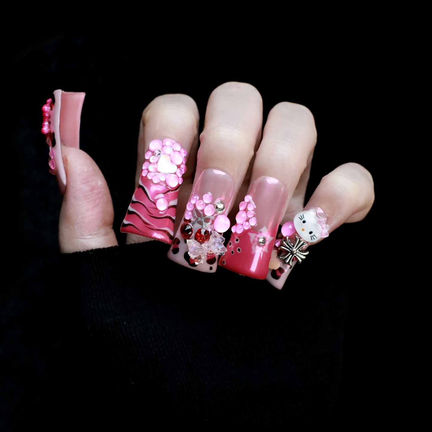 Pink Kawaii Long Duck Press-On Nails with animal motifs, heart accents, and sparkling embellishments, Handmade Nail, Gel Nails, Glue on Nail