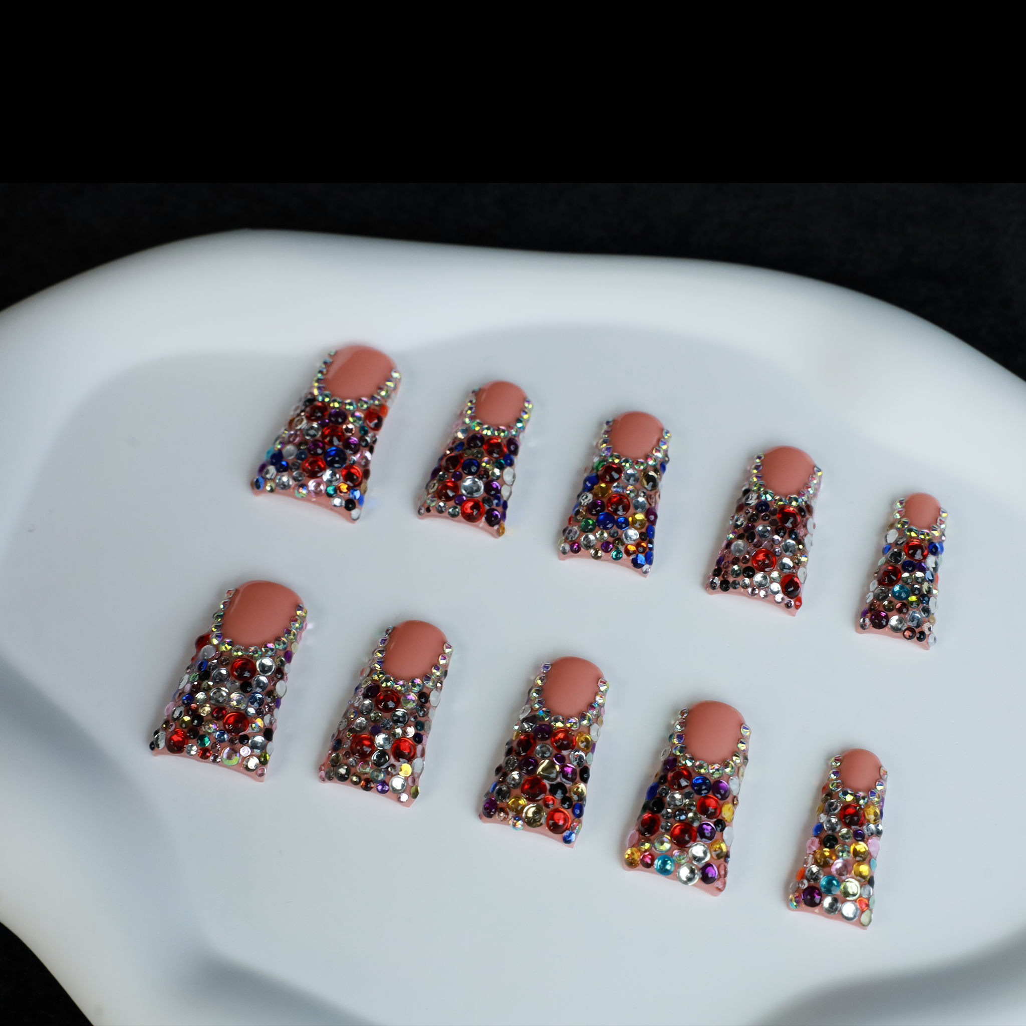 Dazzling Long Duck Press-On Nails with Multicolor Rhinestone, 3D Trendy Handmade Nail, Gel Nails, Glue on Nail