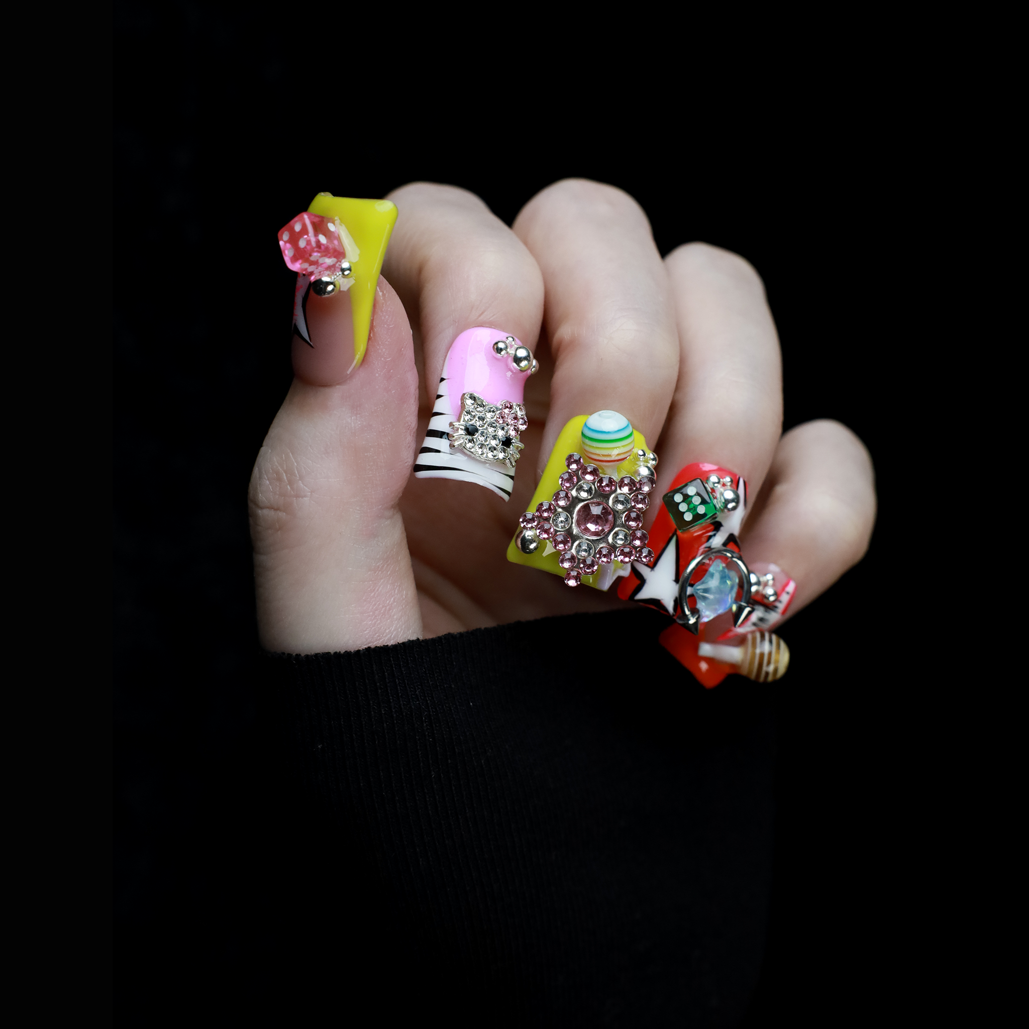 Neon Pop Star Short Duck Press-On Nails, Funky 3D Handmade Gel Nails with Rhinestone, Dice & Stars,  Glue on Nail