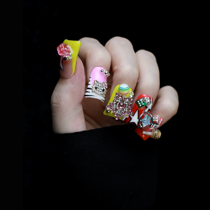 Neon Pop Star Short Duck Press-On Nails, Funky 3D Handmade Gel Nails with Rhinestone, Dice & Stars,  Glue on Nail