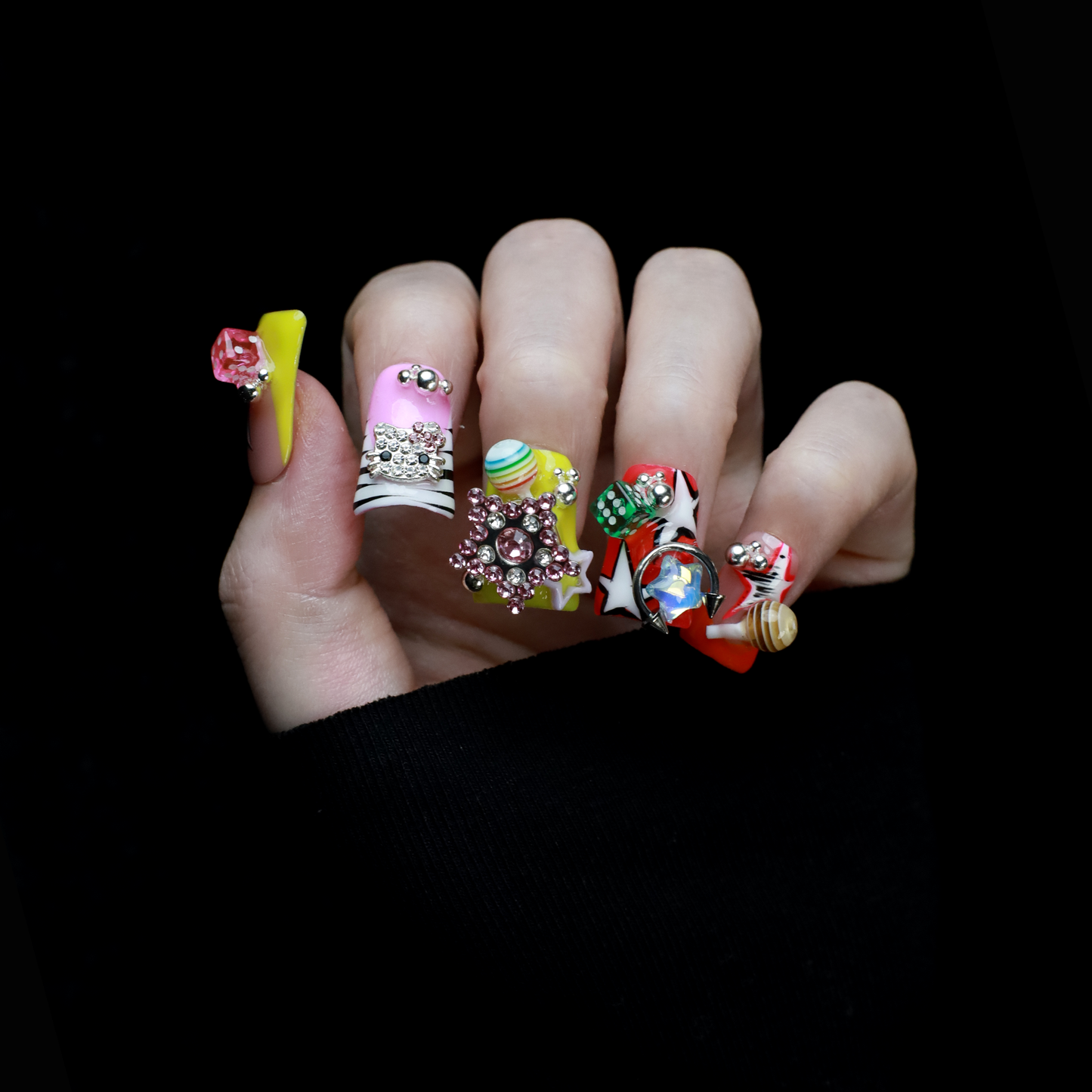 Neon Pop Star Short Duck Press-On Nails, Funky 3D Handmade Gel Nails with Rhinestone, Dice & Stars,  Glue on Nail