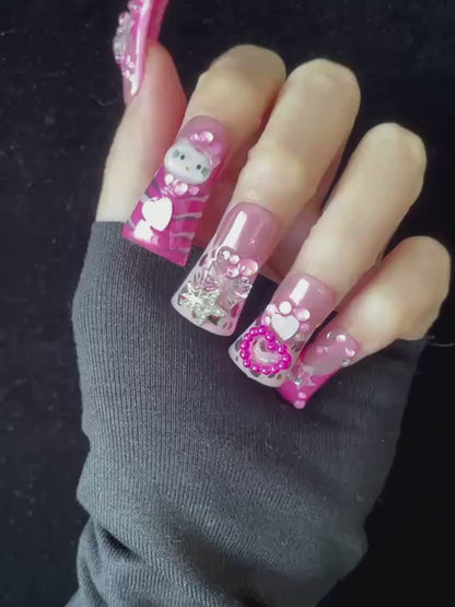 Pink Kawaii Long Duck Press-On Nails with animal motifs, heart accents, and sparkling embellishments, Handmade Nail, Gel Nails, Glue on Nail