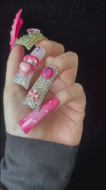 Pink Extra Long Duck Press-On Nails with Rhinestone, Sparkles, 3D Embellished Glitter Handmade Nail, Gel Nails, Glue on Nail