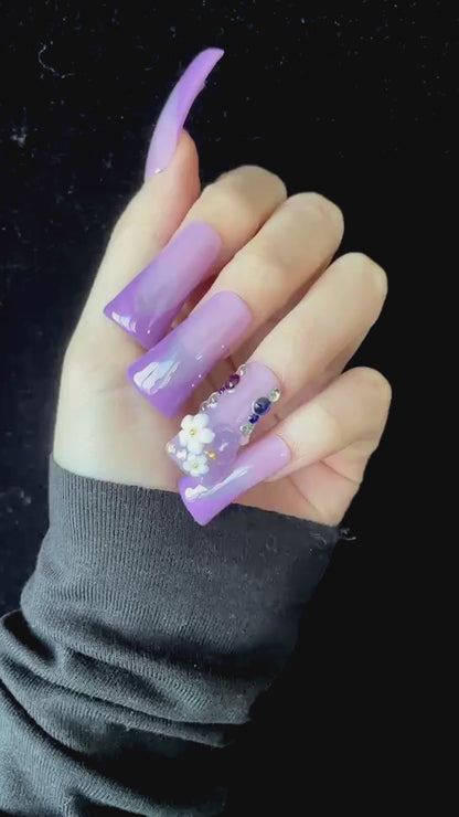 3D Purple Floral Long Duck Press-On Nails with Elegant French Style, Long-lasting handmade Acrylic Fake Nails