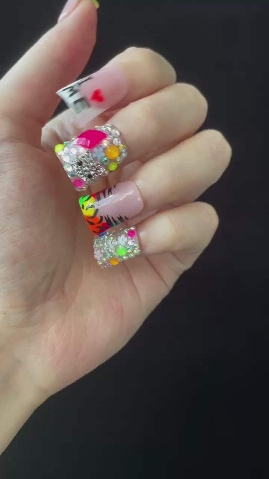 Bold Neon Glam Short Duck Press-On Nails | Rhinestone & Animal Print Nail Art | Funky Confidence Handmade Nail | Gel Nails, Glue on Nail