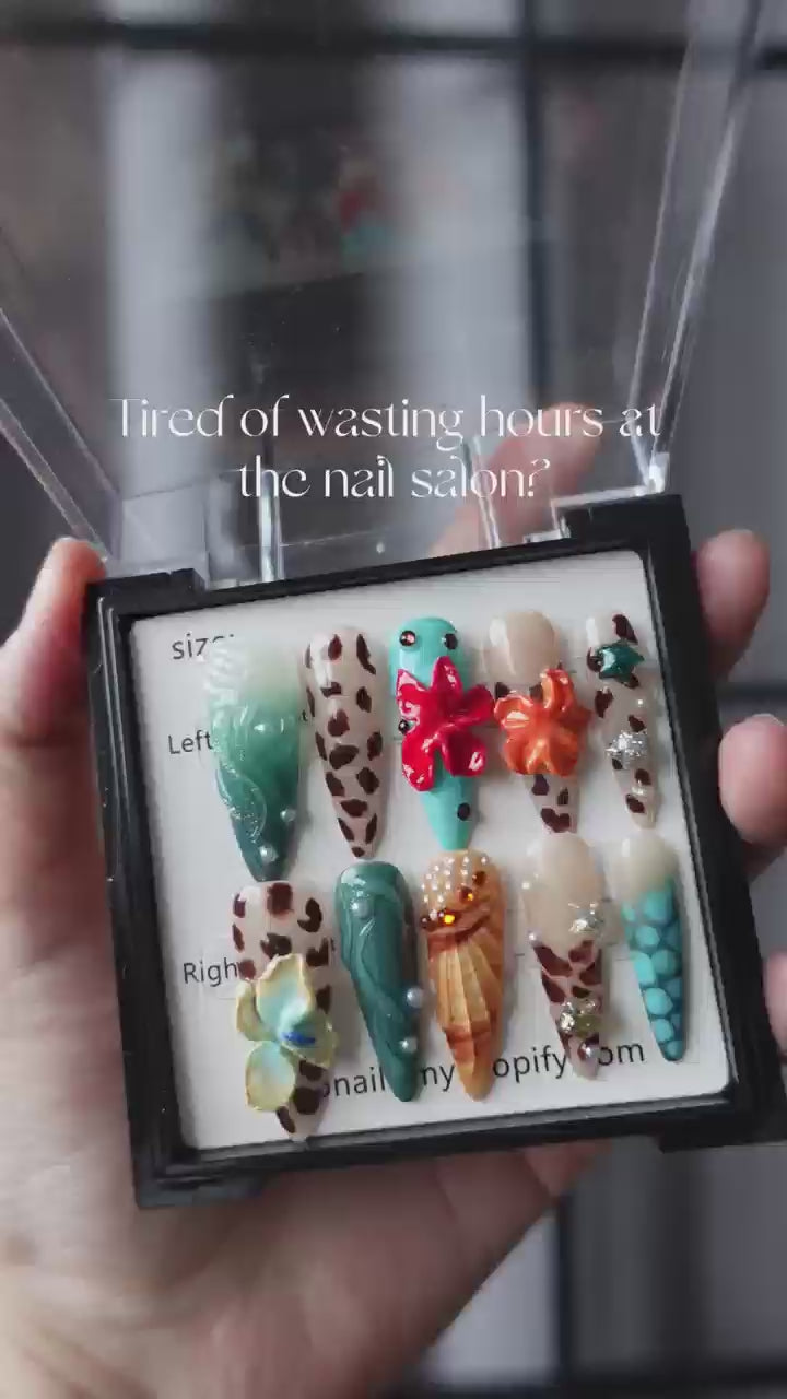 Wild Coastal Charm Custom Press On Nails | 3D Flower, Animal Pattern | Medium Stiletto | Handmade Nails,Reusable, Fake Nails,Gel Nails