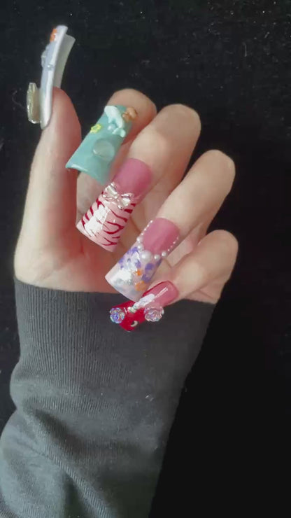 Whimsical 3D Long Duck Press-On Nails with Rhinestones, Bows, Pearls, Hearts, Florals and  Cute Characters, Handmade Nail, Glue on Nail