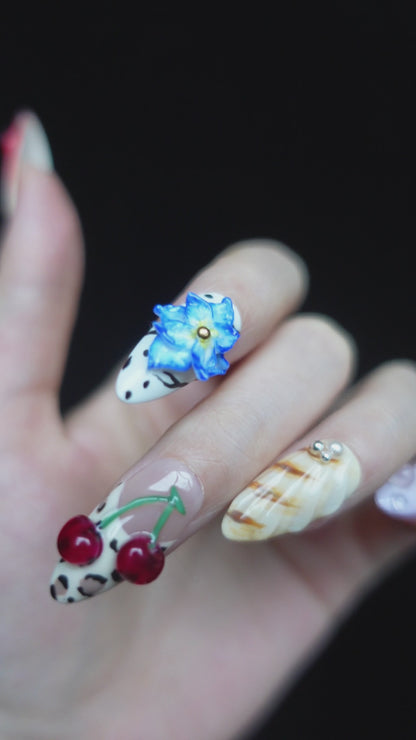 Garden Blooms Custom Press On Nails | 3D Flower, Cherry, Ladybug nails |Medium Almond|High-Quality, Handmade Nails, Reusable,Fake Nails