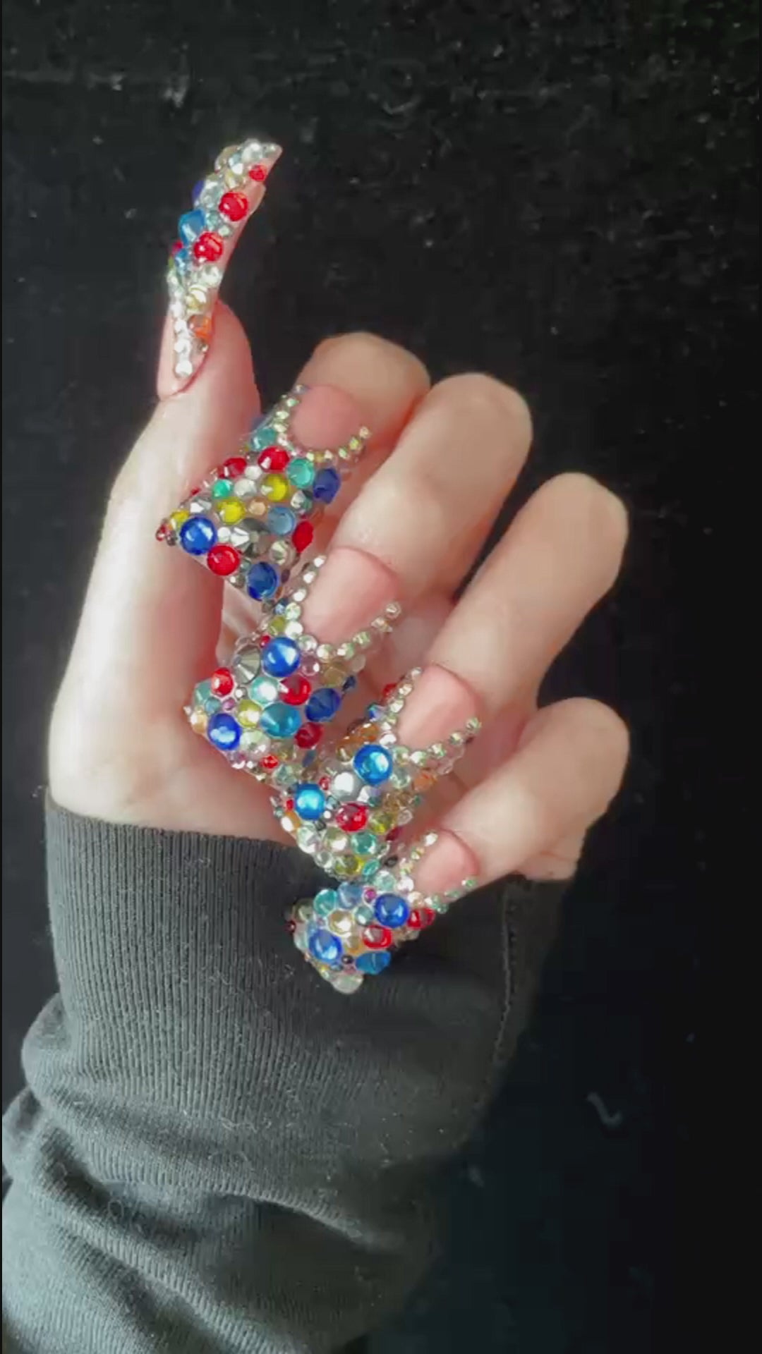 Dazzling Long Duck Press-On Nails with Multicolor Rhinestone, 3D Trendy Handmade Nail, Gel Nails, Glue on Nail