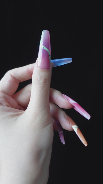 Milky Rainbow |  Colourful and Stylish Summer   | Long Trapezoid | Custom Press On Nails